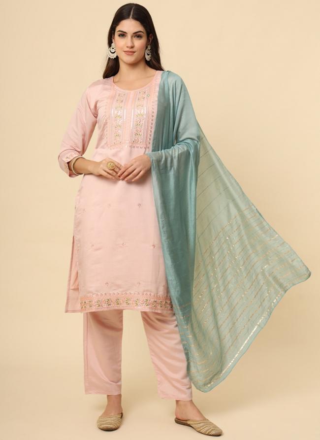 Silk Blend Peach Casual Wear Embroidery Work Readymade Kurti Set